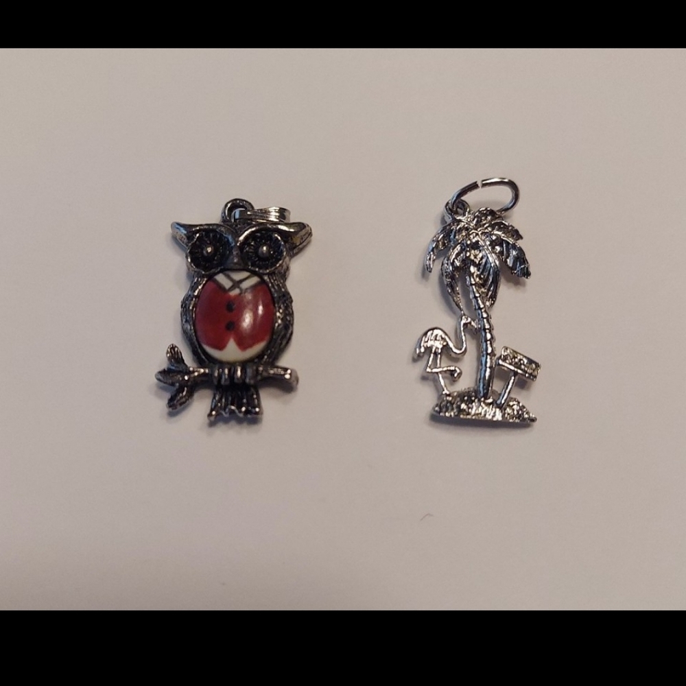 Y2K CHARM SET -ENAMELED SILVER OWL & SILVER PALM TREE - LIKE NEW!